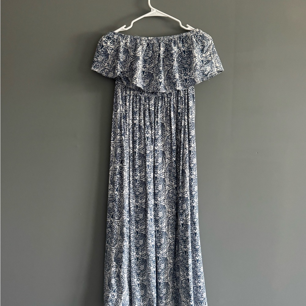 Amazon Blue Patterned Off-Shoulder Maxi Dress